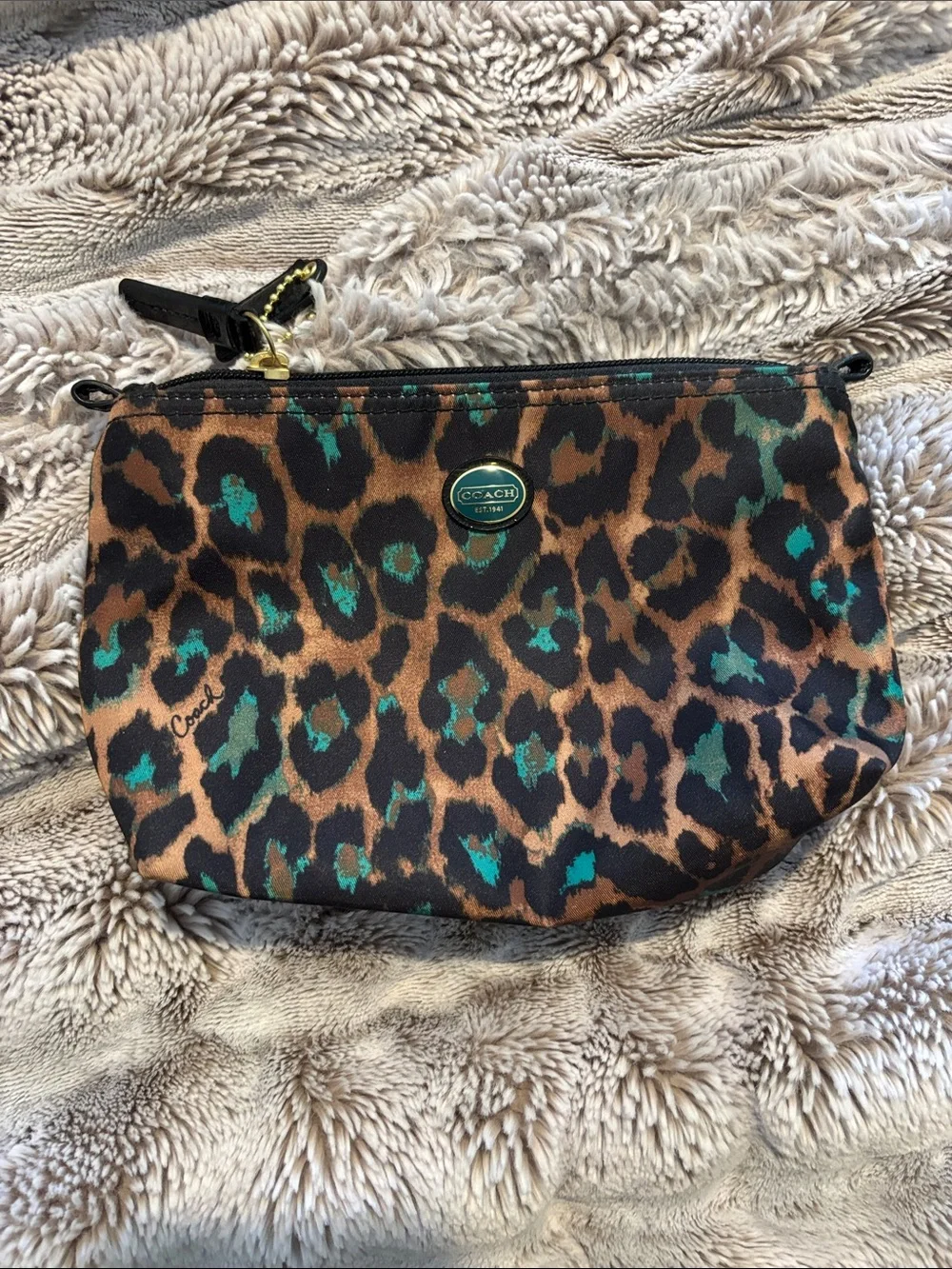 Coach Leopard Print Pouch with Teal Accents
